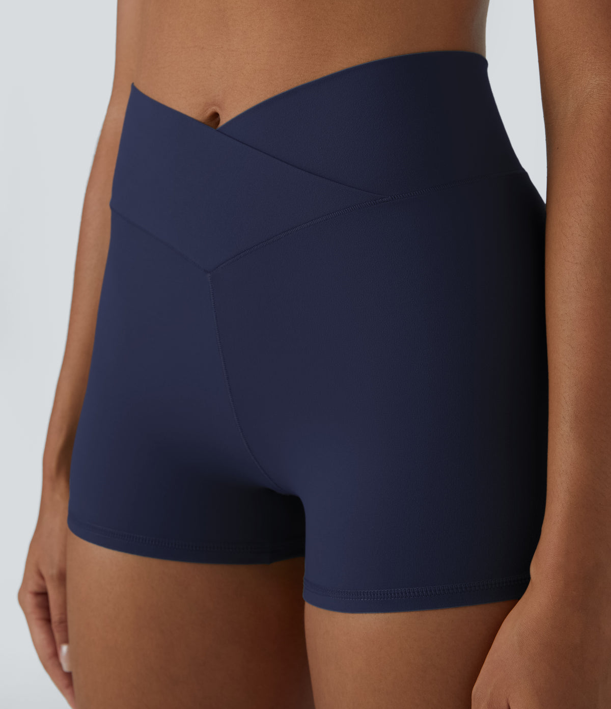 High Waisted Crossover Plain Yoga Biker Shorts 3'' — Peacoat — view 4