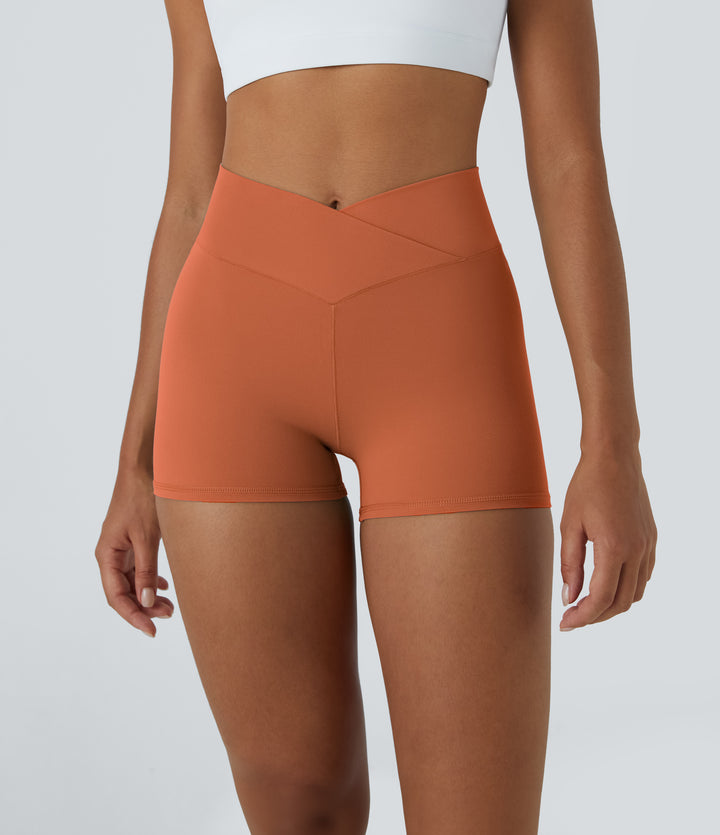 High Waisted Crossover Plain Yoga Biker Shorts 3'' — Spice Route — view 7