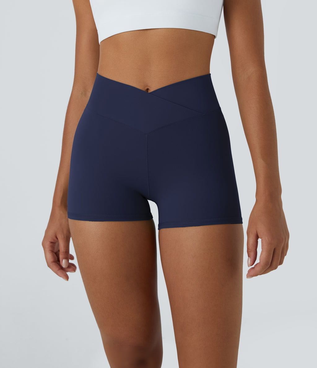 High Waisted Crossover Plain Yoga Biker Shorts 3'' — Peacoat — view 2