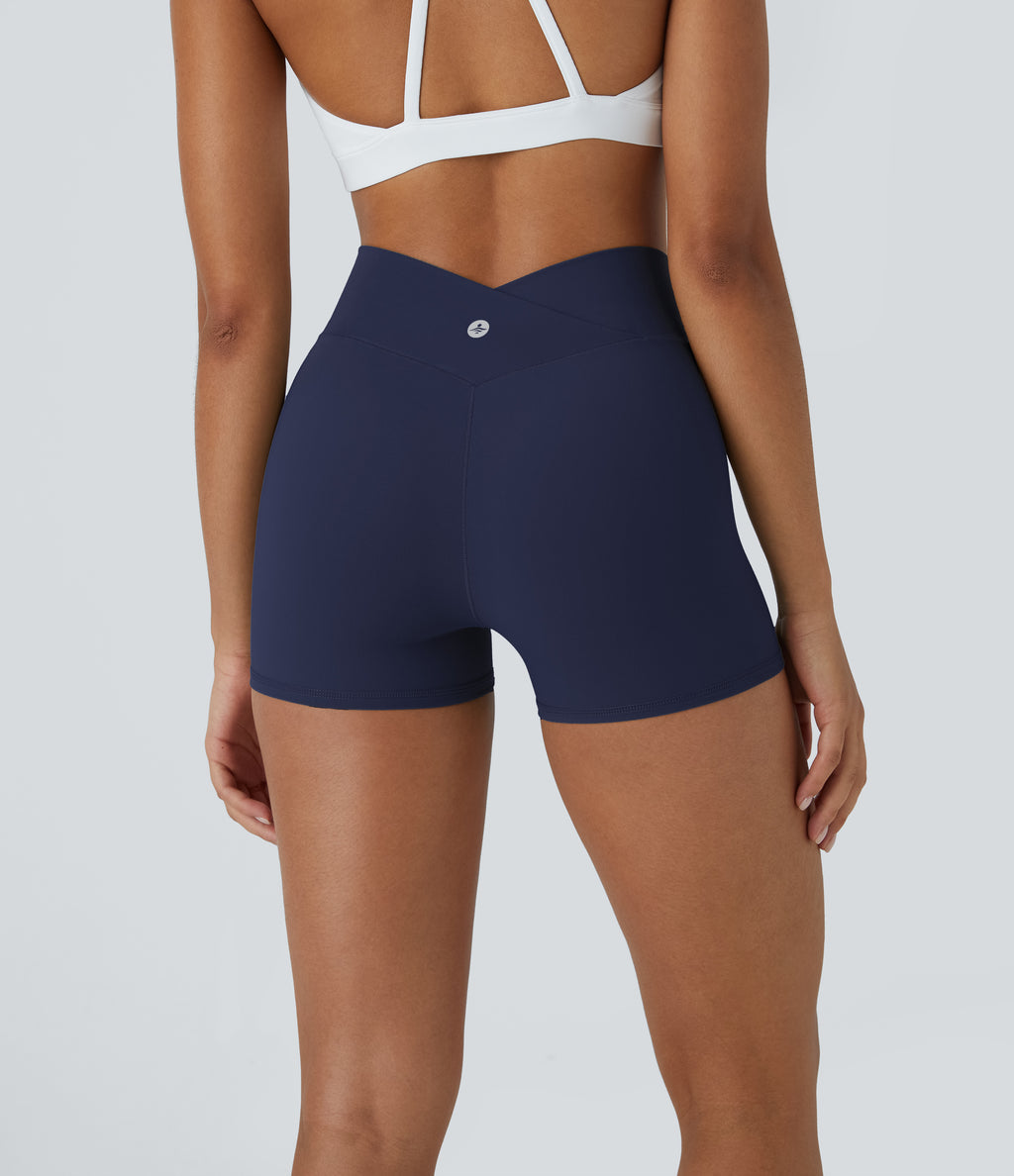 High Waisted Crossover Plain Yoga Biker Shorts 3'' — Peacoat — view 3