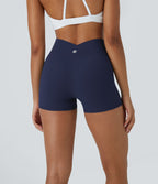 High Waisted Crossover Plain Yoga Biker Shorts 3'' — Peacoat — view 3