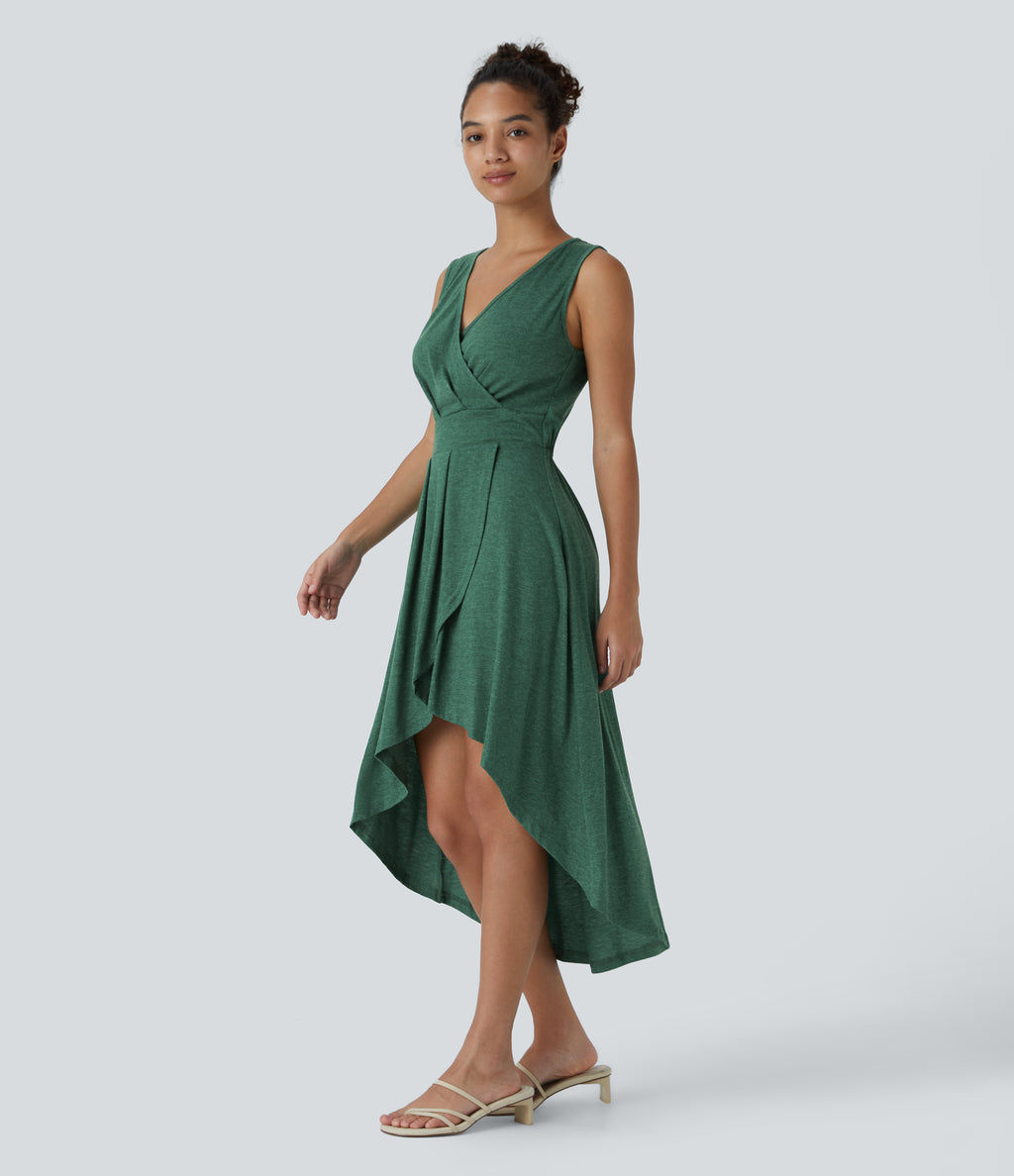 Deep V Neck Sleeveless High Low Crossover Hem Flowy Midi Casual Dress — Dark Green Floral Yarn — view 1
