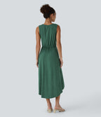Deep V Neck Sleeveless High Low Crossover Hem Flowy Midi Casual Dress — Dark Green Floral Yarn — view 2