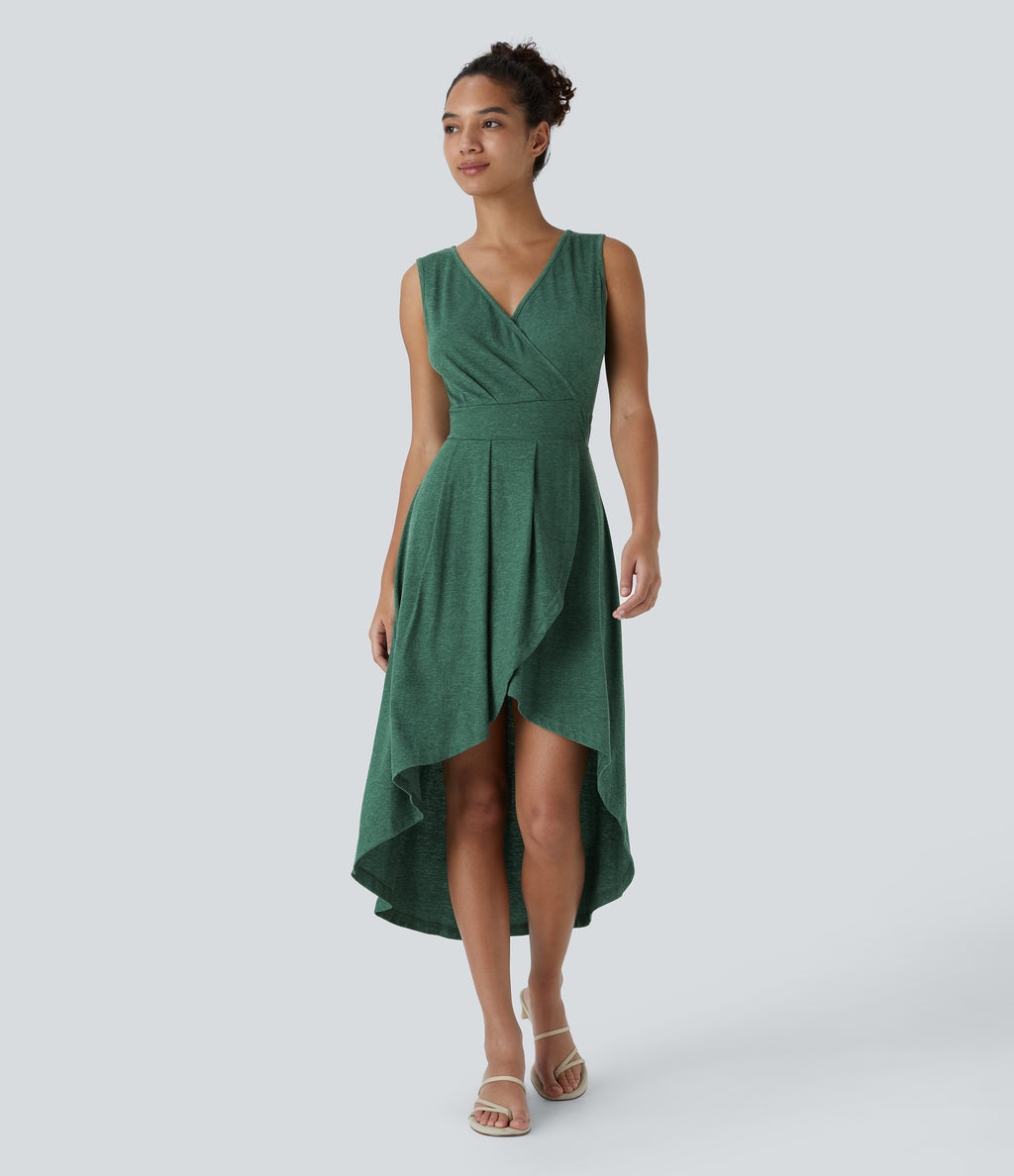 Deep V Neck Sleeveless High Low Crossover Hem Flowy Midi Casual Dress — Dark Green Floral Yarn — view 3