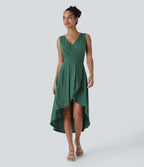 Deep V Neck Sleeveless High Low Crossover Hem Flowy Midi Casual Dress — Dark Green Floral Yarn — view 3