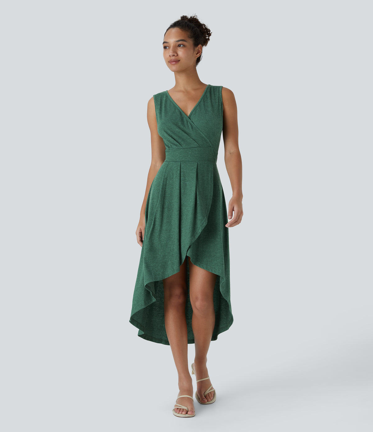 Deep V Neck Sleeveless High Low Crossover Hem Flowy Midi Casual Dress — Dark Green Floral Yarn — view 3