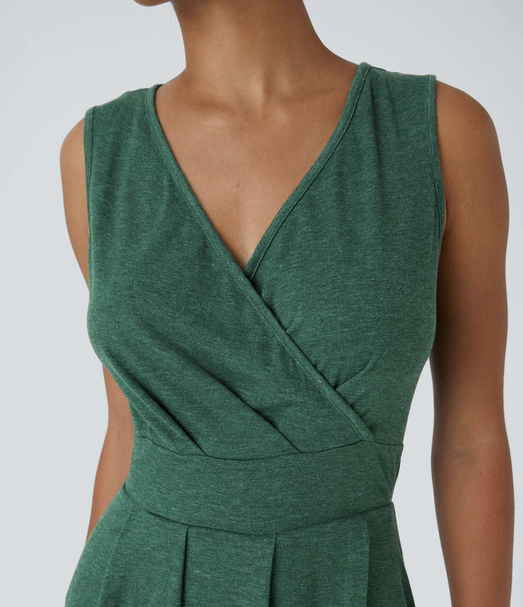 Deep V Neck Sleeveless High Low Crossover Hem Flowy Midi Casual Dress — Dark Green Floral Yarn — view 4