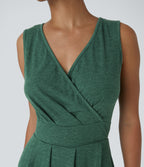 Deep V Neck Sleeveless High Low Crossover Hem Flowy Midi Casual Dress — Dark Green Floral Yarn — view 4