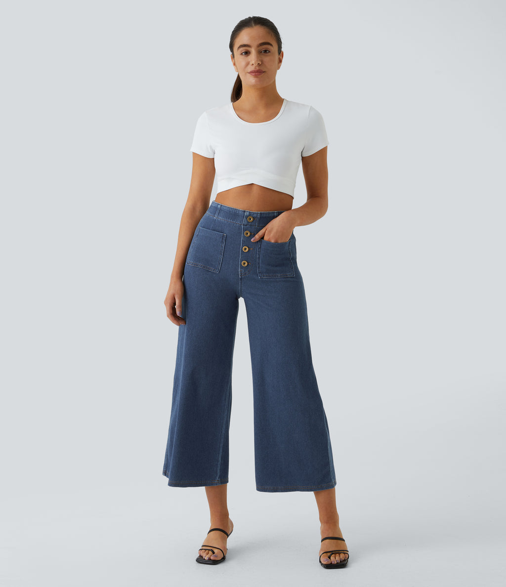 High Waisted Pockets Washed Casual Wide Leg Jeans — Profound Blue Denim — view 7