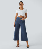 High Waisted Pockets Washed Casual Wide Leg Jeans — Profound Blue Denim — view 7