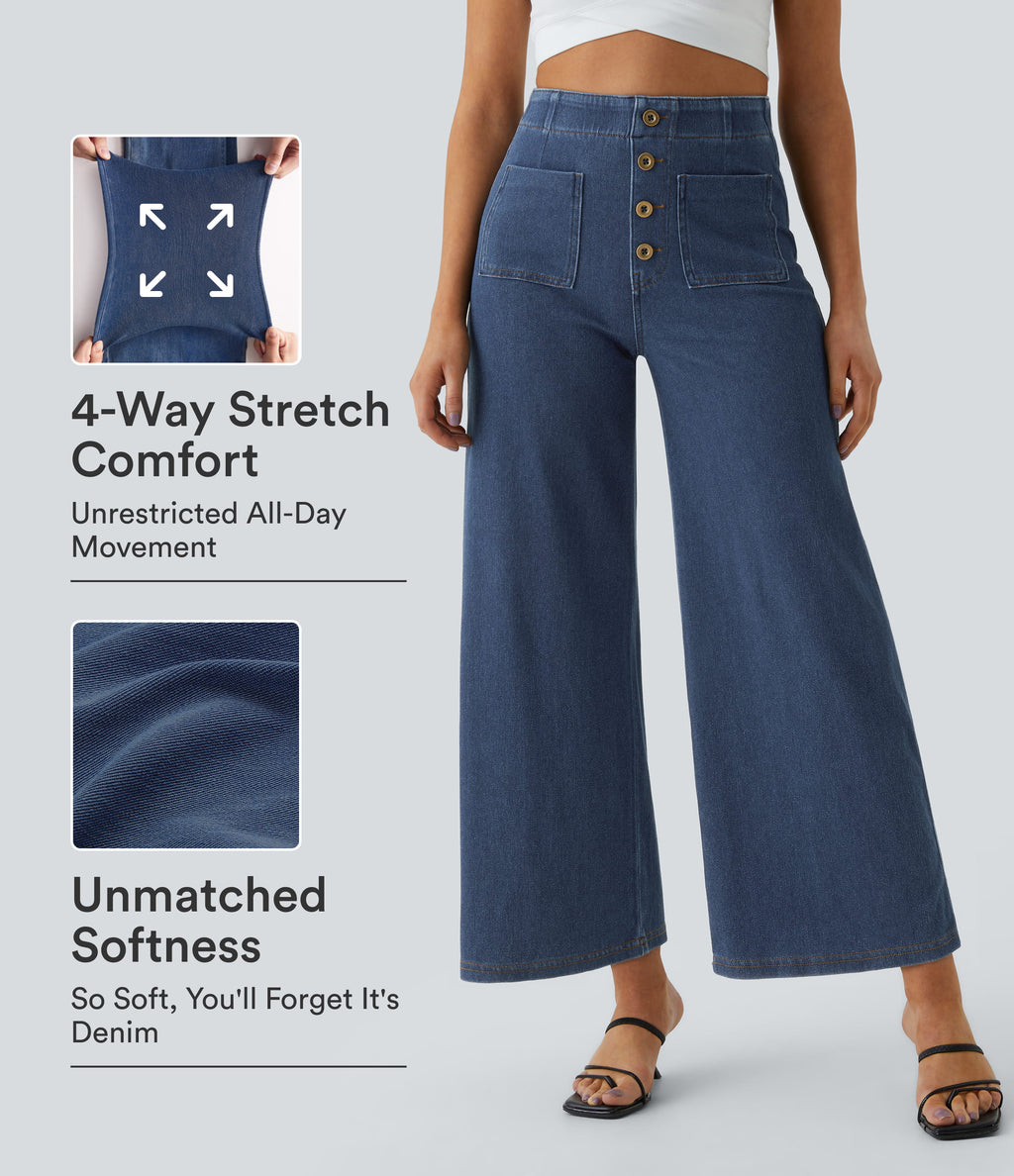 High Waisted Pockets Washed Casual Wide Leg Jeans — Profound Blue Denim — view 1