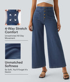 High Waisted Pockets Washed Casual Wide Leg Jeans — Profound Blue Denim — view 1