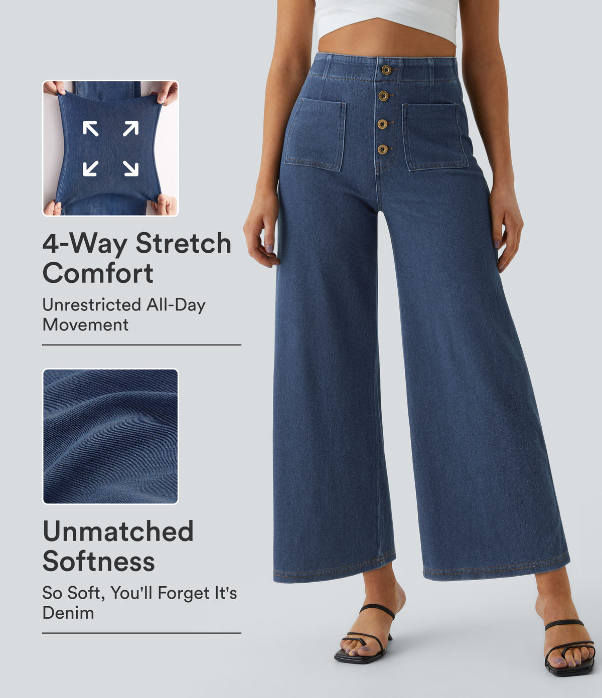 High Waisted Pockets Washed Casual Wide Leg Jeans — Profound Blue Denim — view 1