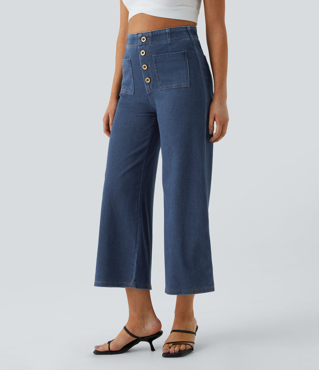 High Waisted Pockets Washed Casual Wide Leg Jeans — Profound Blue Denim — view 3