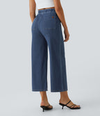 High Waisted Pockets Washed Casual Wide Leg Jeans — Profound Blue Denim — view 2