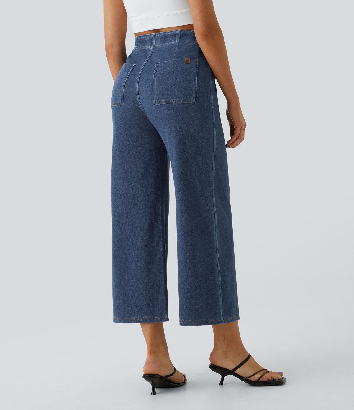 High Waisted Pockets Washed Casual Wide Leg Jeans — Profound Blue Denim — view 2
