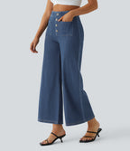 High Waisted Pockets Washed Casual Wide Leg Jeans — Profound Blue Denim — view 4