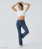 Mid Rise Pockets Casual Bootcut Jeans — Washed Denim Bleached Blue — view 3