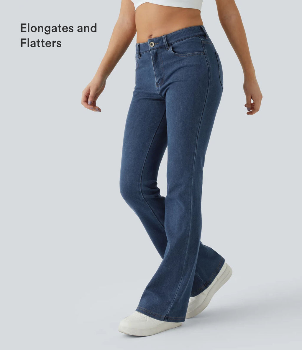 Mid Rise Pockets Casual Bootcut Jeans — Washed Denim Bleached Blue — view 7