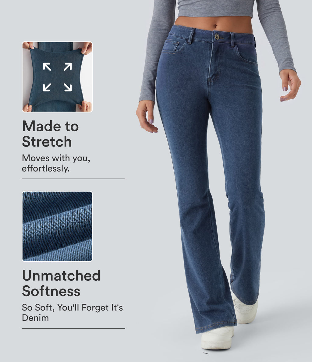 Mid Rise Pockets Casual Bootcut Jeans — Washed Denim Bleached Blue — view 1