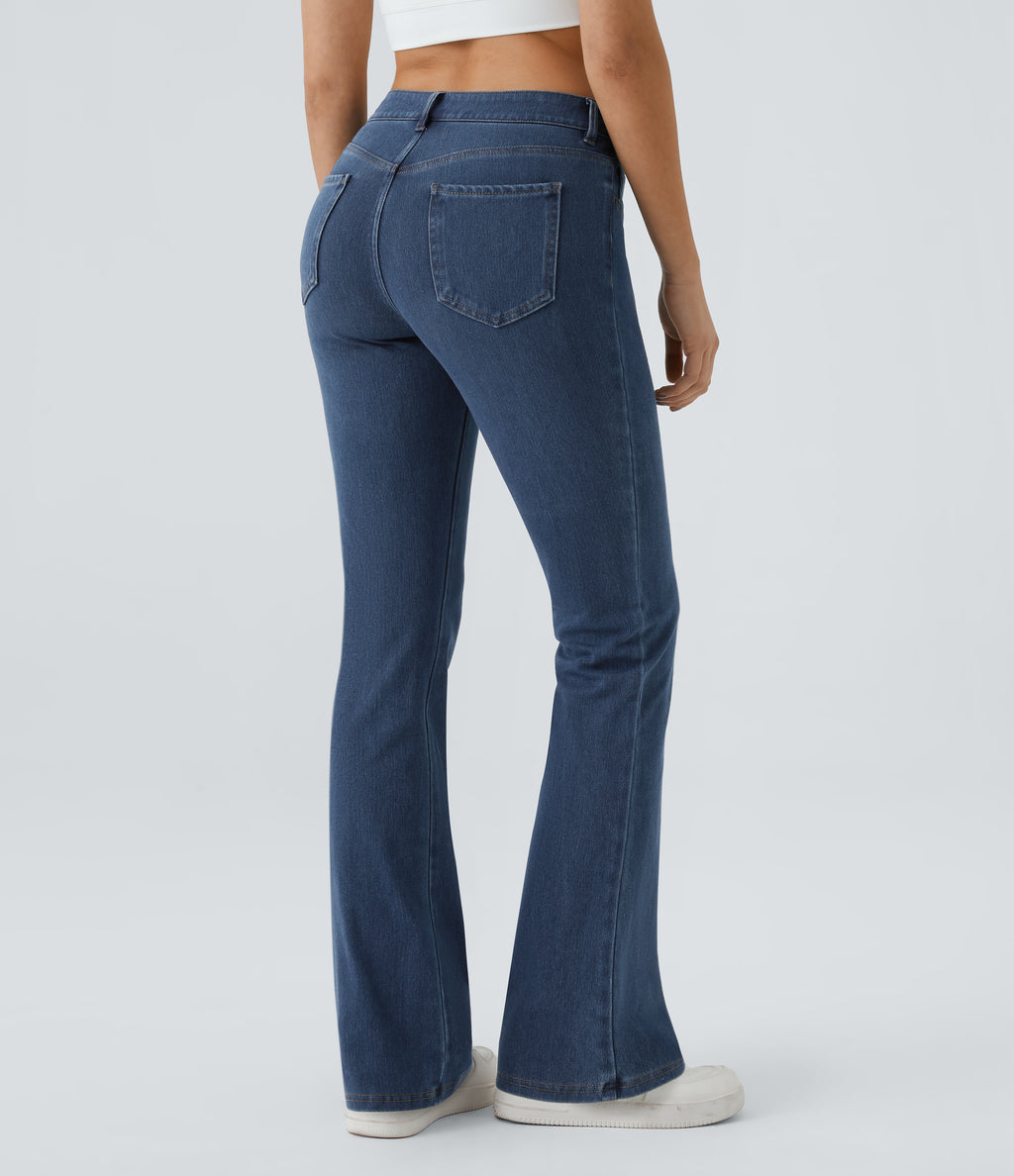 Mid Rise Pockets Casual Bootcut Jeans — Washed Denim Bleached Blue — view 2