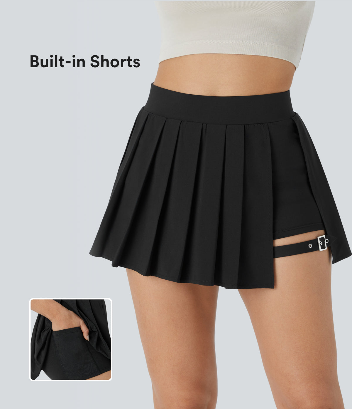 High Waisted Pleated 2-in-1 Pocket Adjustable Buckle Micro Mini Quick Dry Party Skirt — Black — view 1