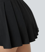 High Waisted Pleated 2-in-1 Pocket Adjustable Buckle Micro Mini Quick Dry Party Skirt — Black — view 7