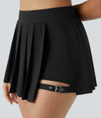 High Waisted Pleated 2-in-1 Pocket Adjustable Buckle Micro Mini Quick Dry Party Skirt — Black — view 8