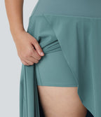 High Waisted High Low Ruffle 2-in-1 Flowy Midi Quick Dry Casual Plus Size Skirt — Stone Blue — view 4