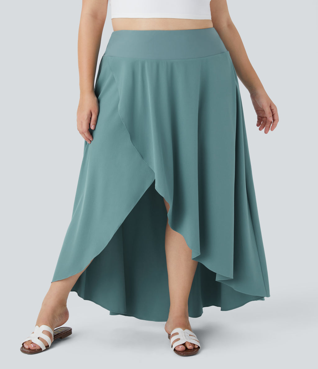 High Waisted High Low Ruffle 2-in-1 Flowy Midi Quick Dry Casual Plus Size Skirt — Stone Blue — view 3