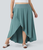 High Waisted High Low Ruffle 2-in-1 Flowy Midi Quick Dry Casual Plus Size Skirt — Stone Blue — view 3
