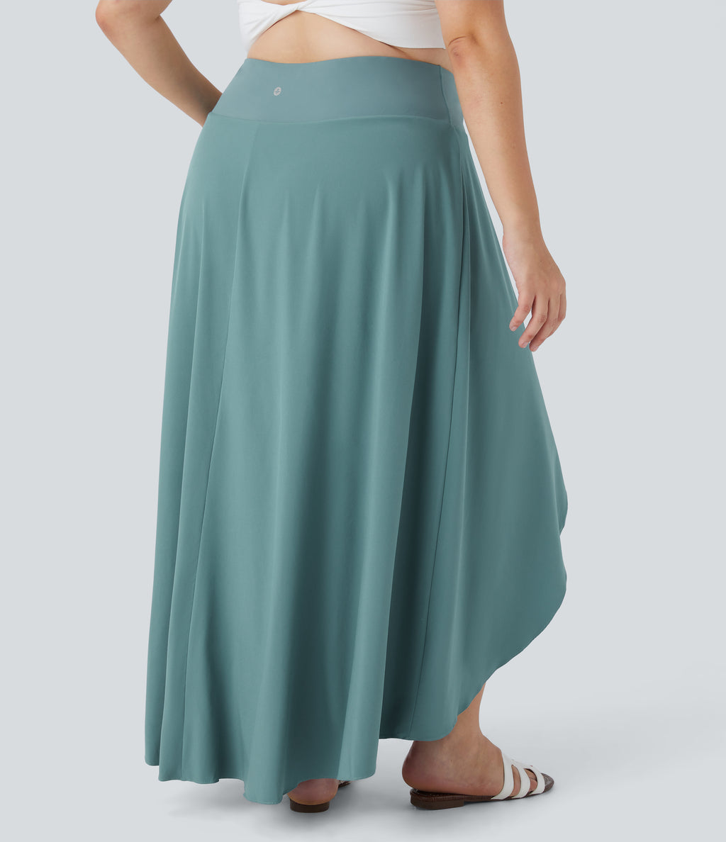 High Waisted High Low Ruffle 2-in-1 Flowy Midi Quick Dry Casual Plus Size Skirt — Stone Blue — view 2