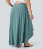 High Waisted High Low Ruffle 2-in-1 Flowy Midi Quick Dry Casual Plus Size Skirt — Stone Blue — view 2