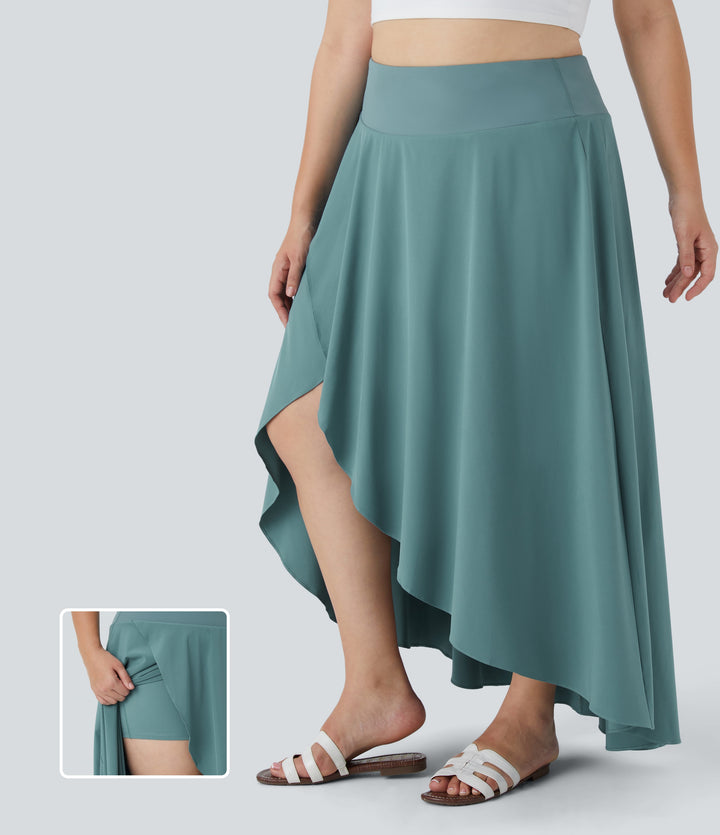 High Waisted High Low Ruffle 2-in-1 Flowy Midi Quick Dry Casual Plus Size Skirt — Stone Blue — view 1
