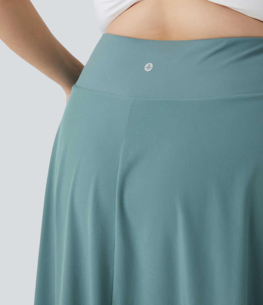 High Waisted High Low Ruffle 2-in-1 Flowy Midi Quick Dry Casual Plus Size Skirt — Stone Blue — view 5
