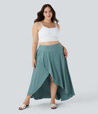 High Waisted High Low Ruffle 2-in-1 Flowy Midi Quick Dry Casual Plus Size Skirt — Stone Blue — view 6
