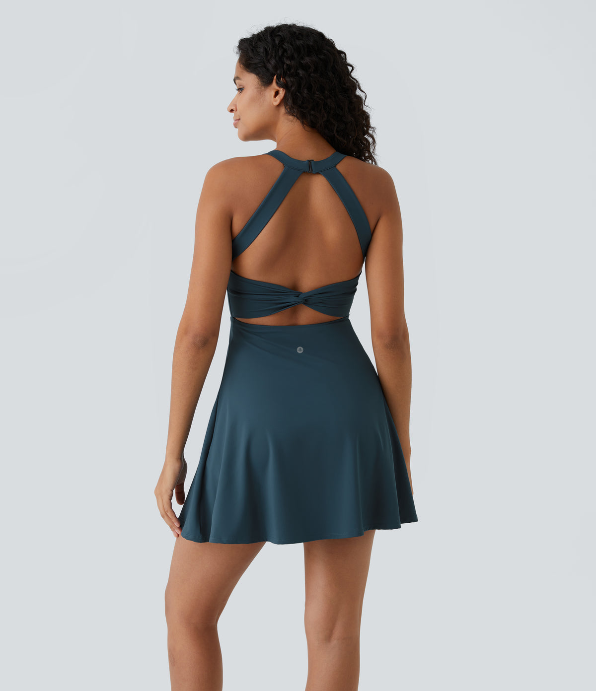 Backless Twisted Flare Mini Dance Tennis Dress-Longer Length — Majolica Blue — view 3
