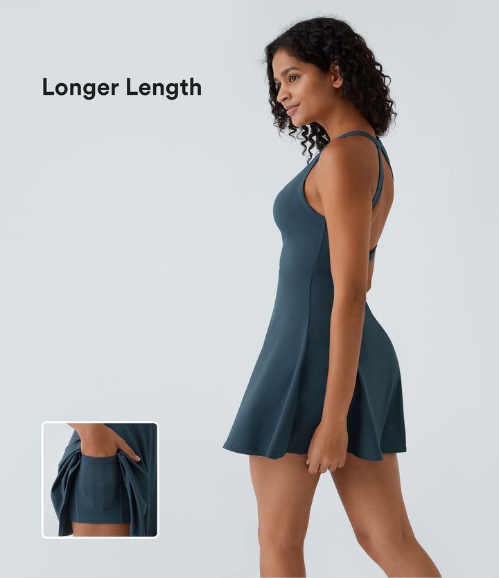 Backless Twisted Flare Mini Dance Tennis Dress-Longer Length — Majolica Blue — view 1