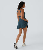 Backless Twisted Flare Mini Dance Tennis Dress-Longer Length — Majolica Blue — view 7