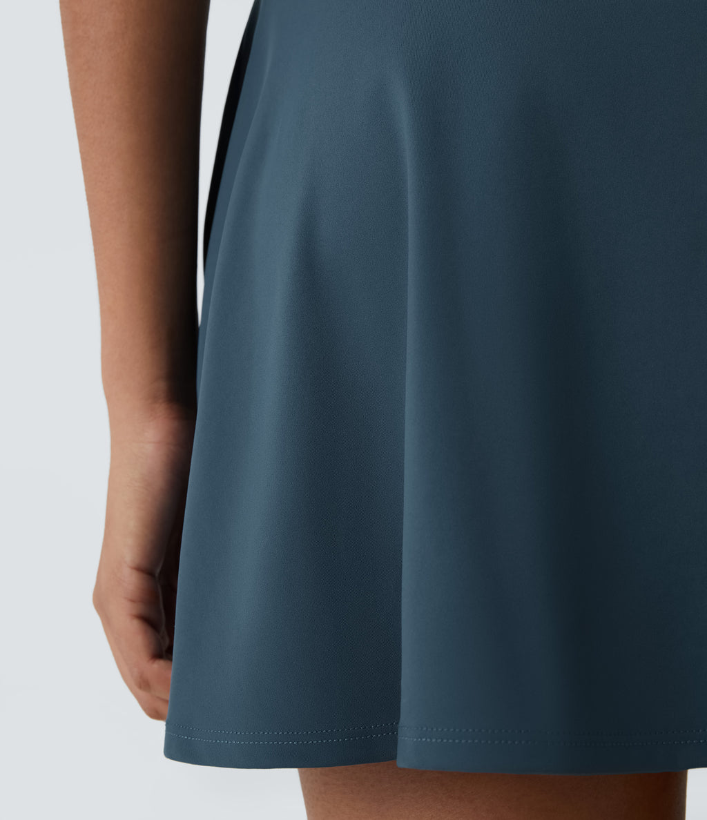 Backless Twisted Flare Mini Dance Tennis Dress-Longer Length — Majolica Blue — view 6