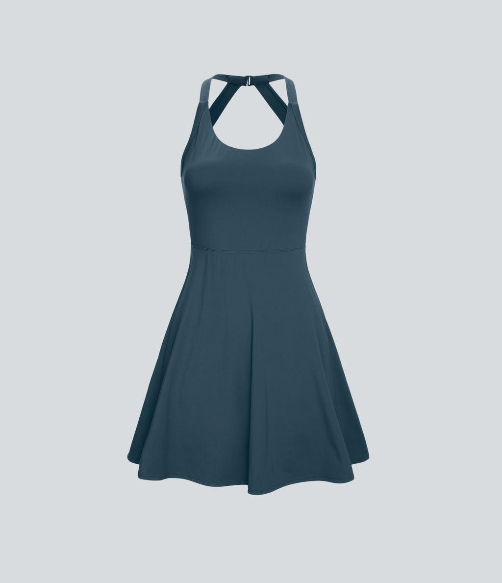 Backless Twisted Flare Mini Dance Tennis Dress-Longer Length — Majolica Blue — view 8
