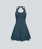 Backless Twisted Flare Mini Dance Tennis Dress-Longer Length — Majolica Blue — view 8