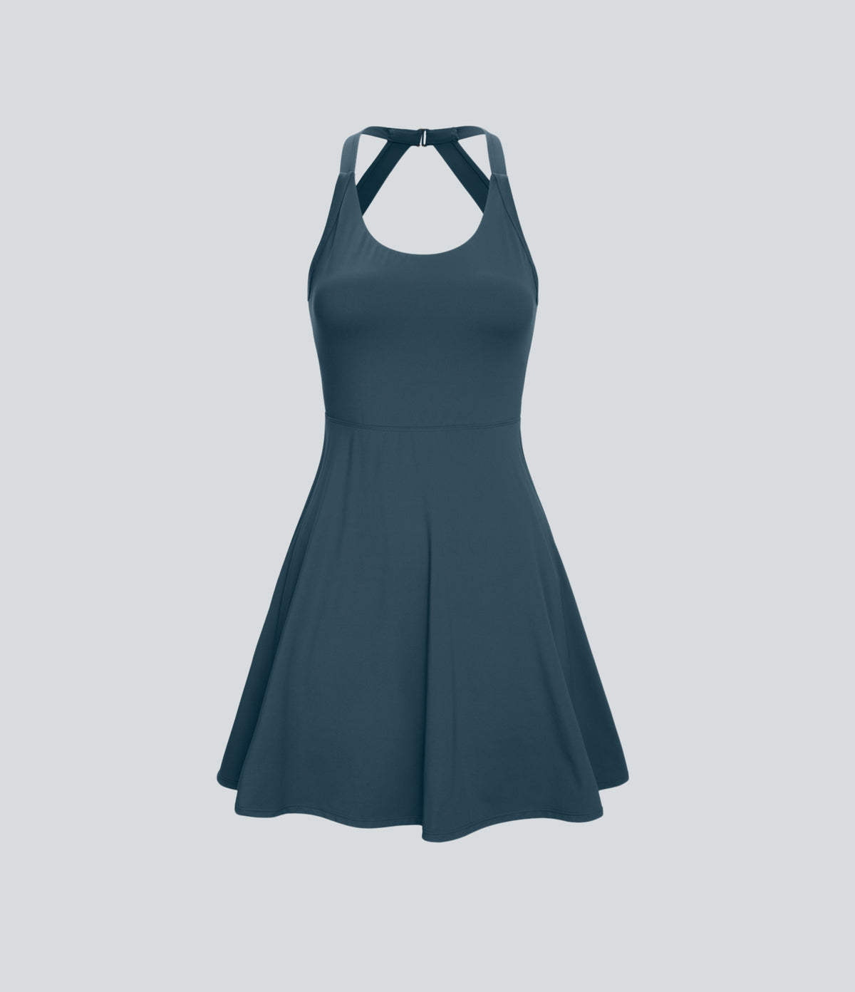 Backless Twisted Flare Mini Dance Tennis Dress-Longer Length — Majolica Blue — view 8