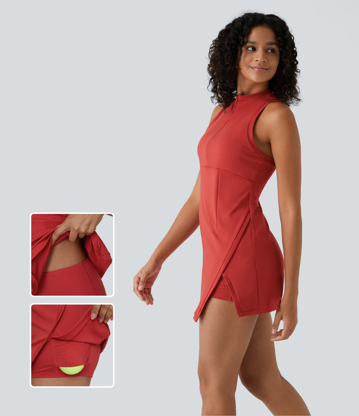 Zipper Racerback Split Side Pocket 2-Piece Mini Tennis Active Dress — Valiant Poppy — view 1