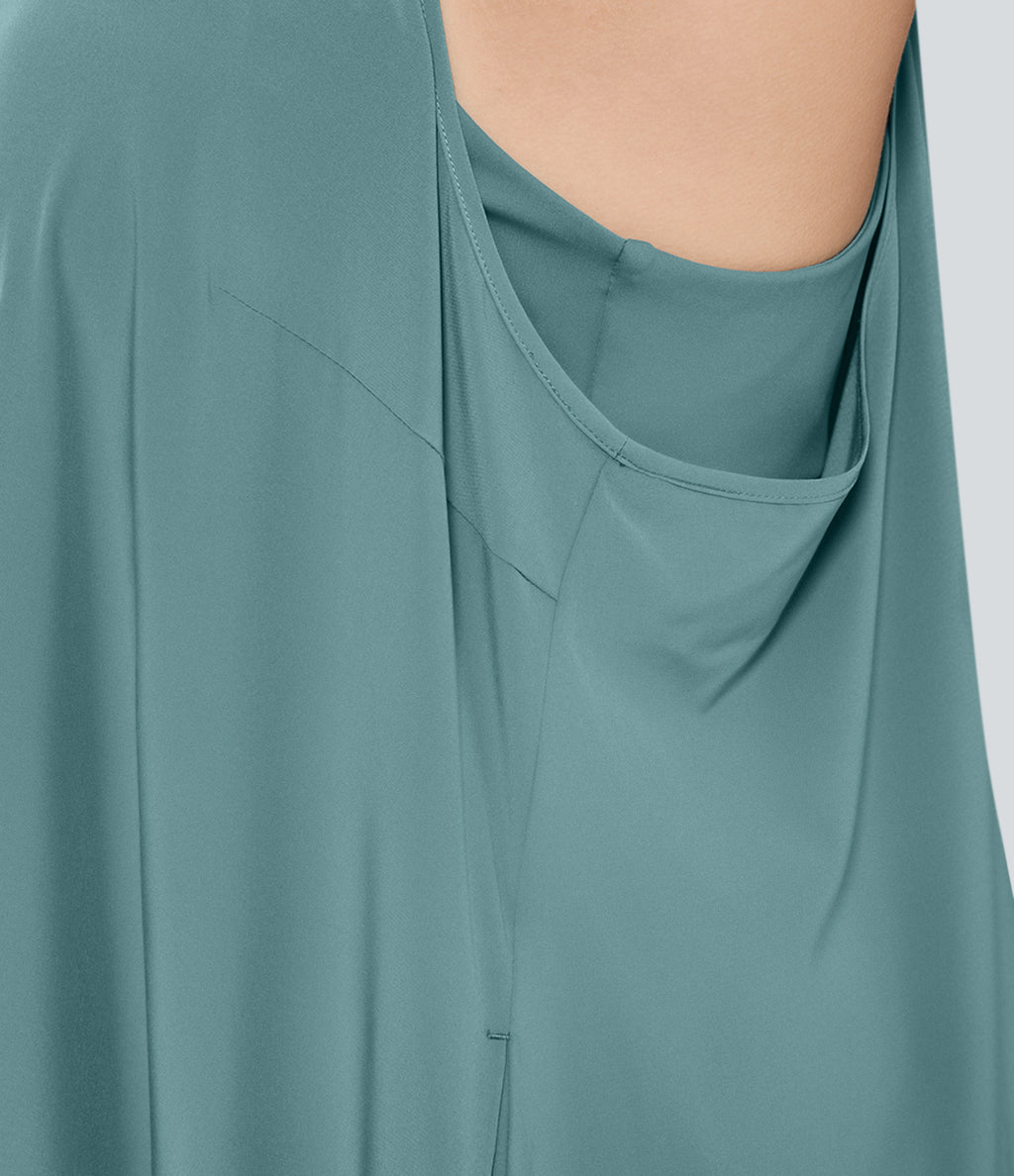 Backless Racerback Side Pocket High Low Flowy Midi Quick Dry Casual Plus Size Dress — Stone Blue — view 5