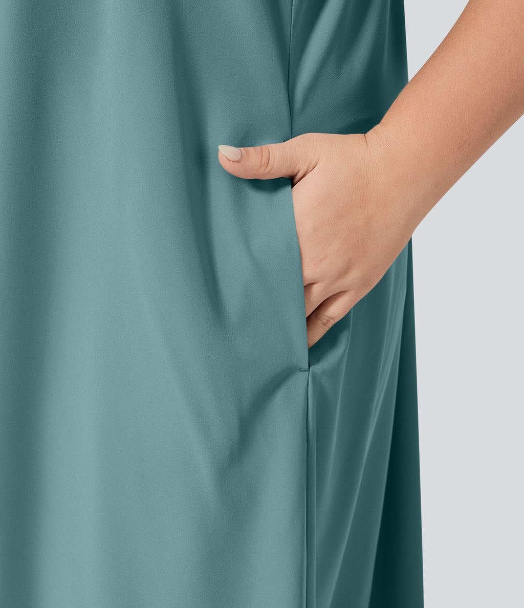 Backless Racerback Side Pocket High Low Flowy Midi Quick Dry Casual Plus Size Dress — Stone Blue — view 6