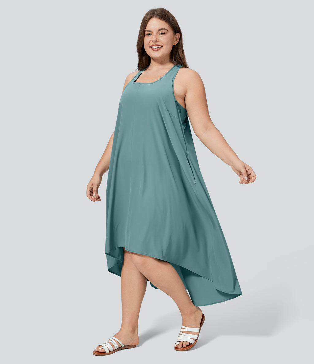 Backless Racerback Side Pocket High Low Flowy Midi Quick Dry Casual Plus Size Dress — Stone Blue — view 3