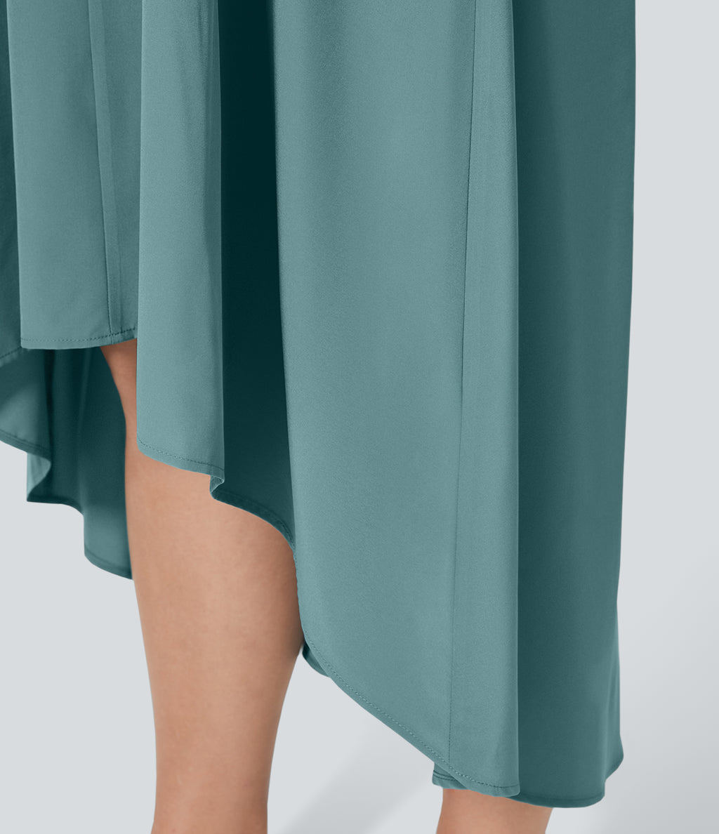 Backless Racerback Side Pocket High Low Flowy Midi Quick Dry Casual Plus Size Dress — Stone Blue — view 7