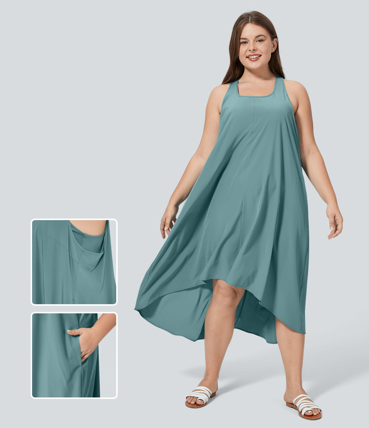 Backless Racerback Side Pocket High Low Flowy Midi Quick Dry Casual Plus Size Dress — Stone Blue — view 1