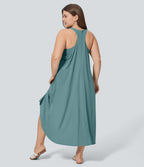 Backless Racerback Side Pocket High Low Flowy Midi Quick Dry Casual Plus Size Dress — Stone Blue — view 2